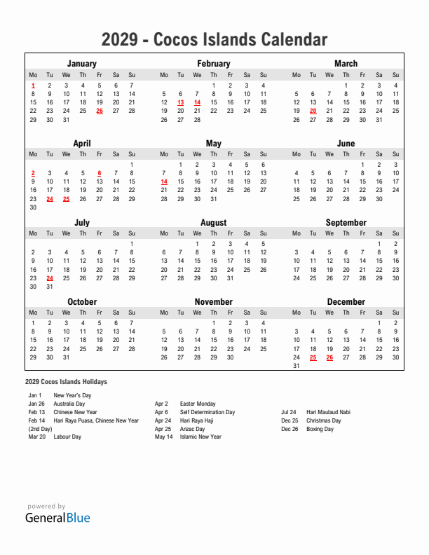 Year 2029 Simple Calendar With Holidays in Cocos Islands