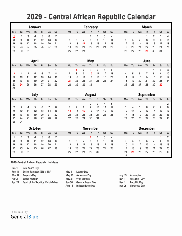 Year 2029 Simple Calendar With Holidays in Central African Republic