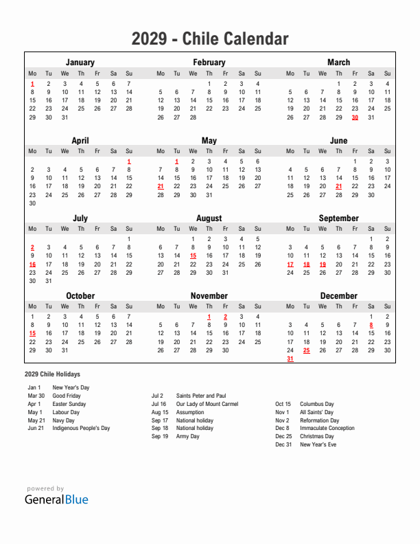 Year 2029 Simple Calendar With Holidays in Chile