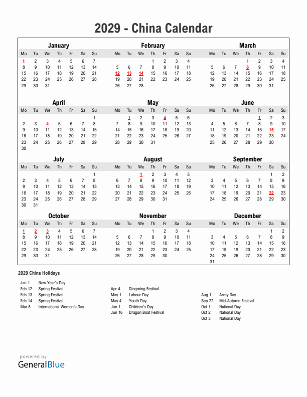 Year 2029 Simple Calendar With Holidays in China