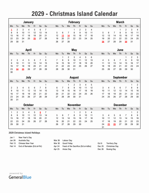 Year 2029 Simple Calendar With Holidays in Christmas Island