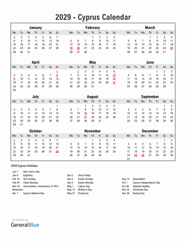 Year 2029 Simple Calendar With Holidays in Cyprus