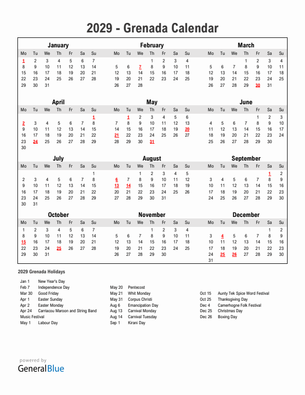 Year 2029 Simple Calendar With Holidays in Grenada