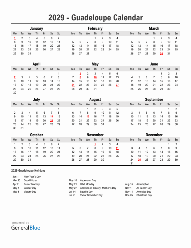 Year 2029 Simple Calendar With Holidays in Guadeloupe