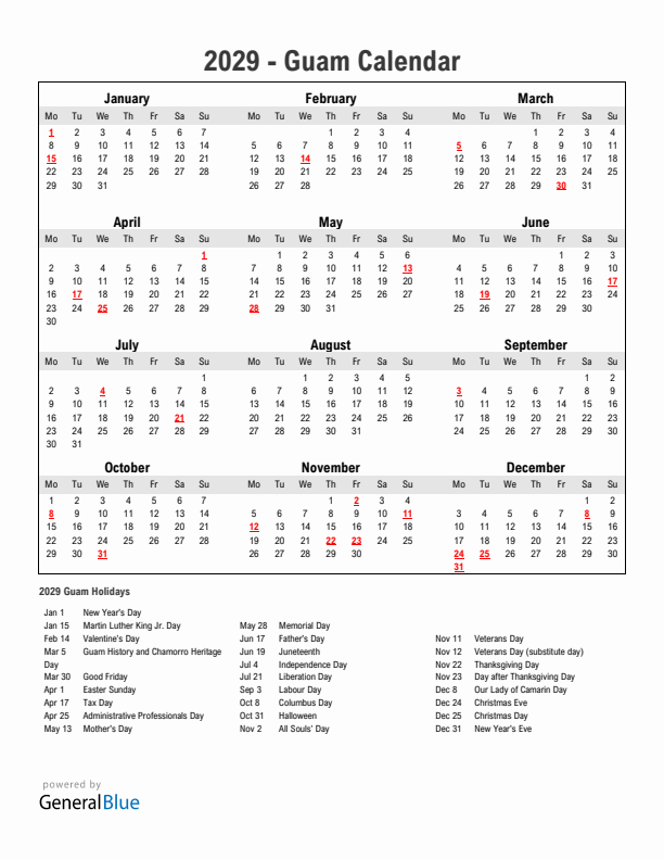 Year 2029 Simple Calendar With Holidays in Guam