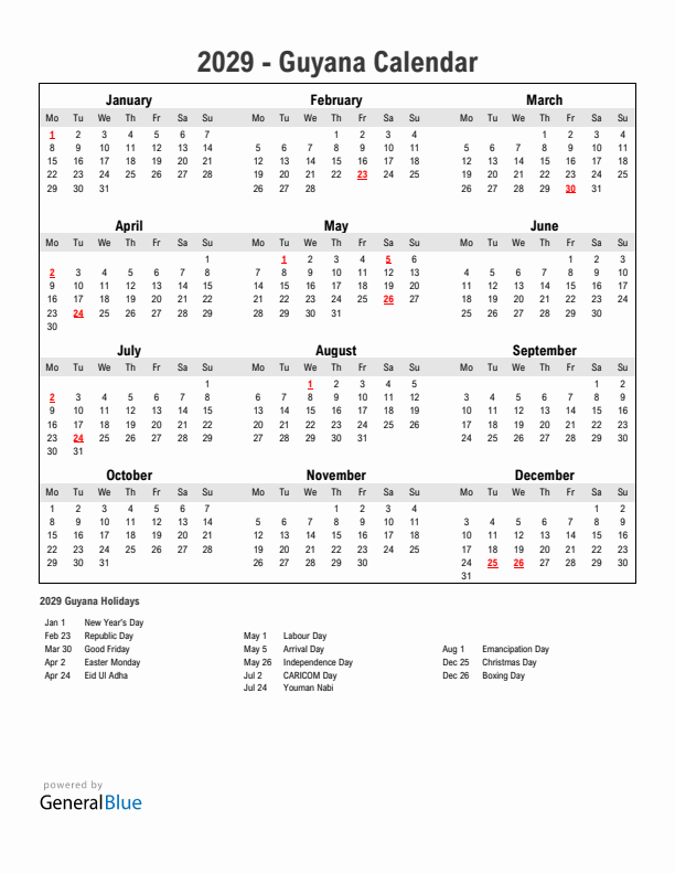 Year 2029 Simple Calendar With Holidays in Guyana