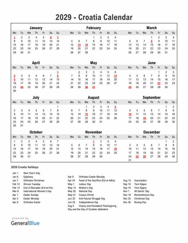 Year 2029 Simple Calendar With Holidays in Croatia