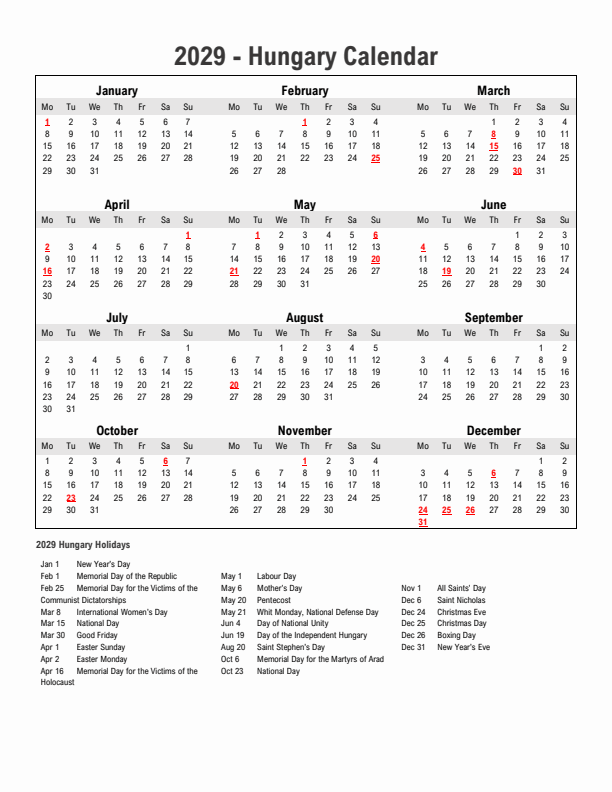 Year 2029 Simple Calendar With Holidays in Hungary