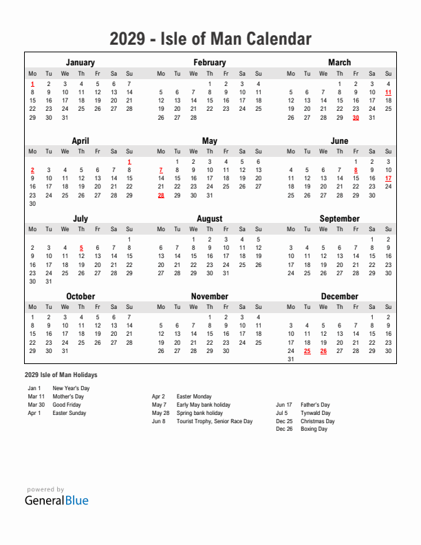 Year 2029 Simple Calendar With Holidays in Isle of Man