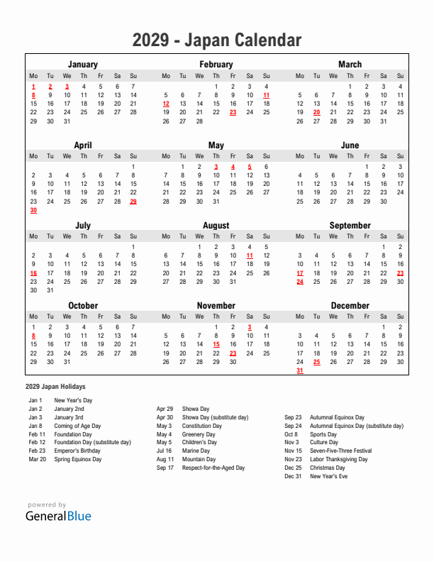 Year 2029 Simple Calendar With Holidays in Japan