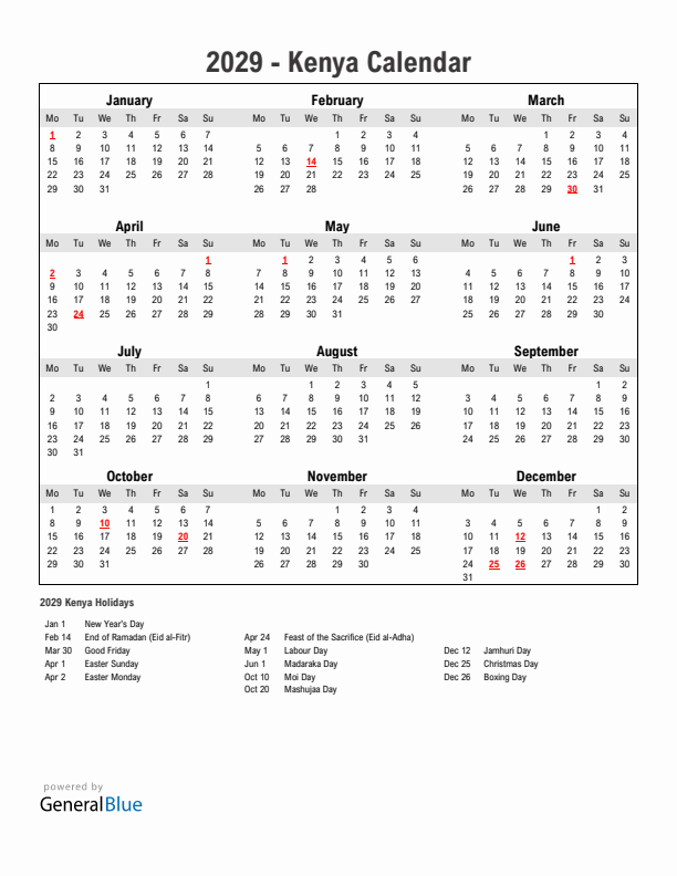 Year 2029 Simple Calendar With Holidays in Kenya