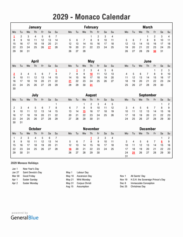 Year 2029 Simple Calendar With Holidays in Monaco