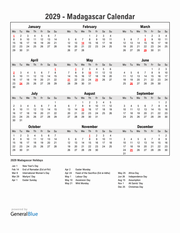 Year 2029 Simple Calendar With Holidays in Madagascar