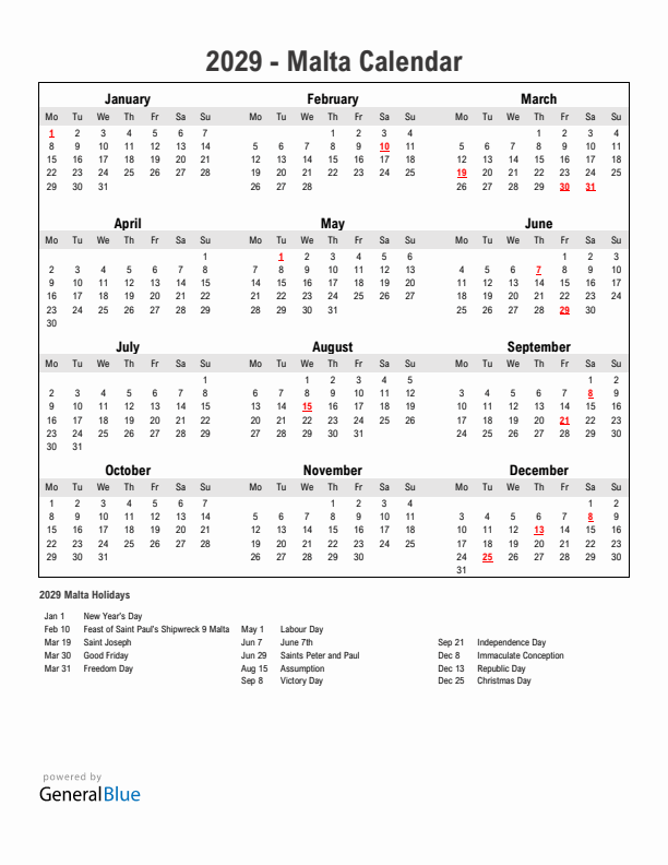 Year 2029 Simple Calendar With Holidays in Malta