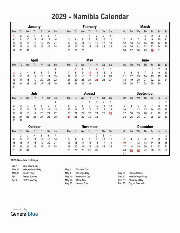 Year 2029 Simple Calendar With Holidays in Namibia