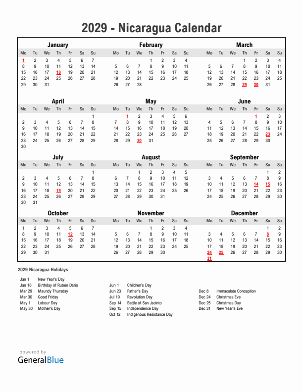 Year 2029 Simple Calendar With Holidays in Nicaragua