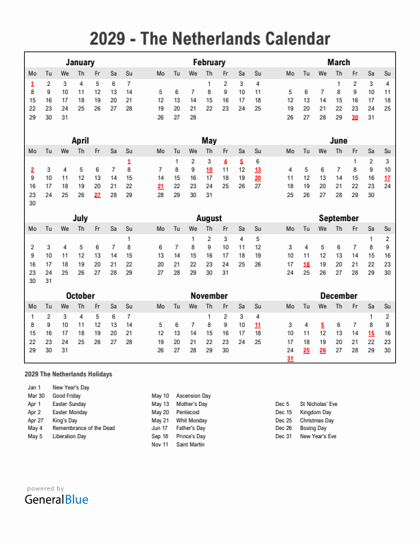 Year 2029 Simple Calendar With Holidays in The Netherlands