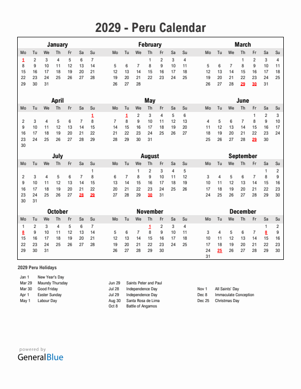 Year 2029 Simple Calendar With Holidays in Peru