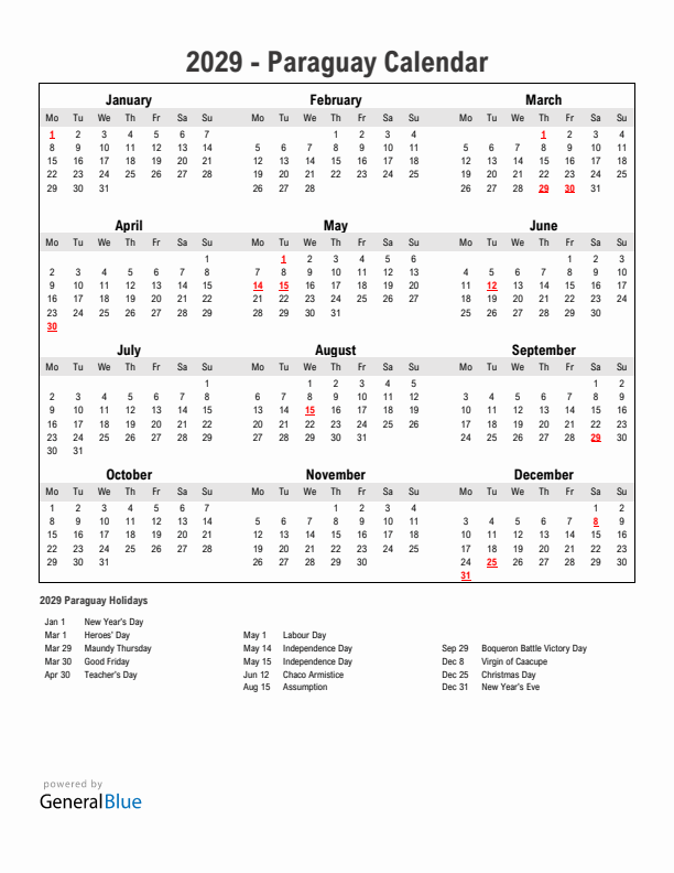 Year 2029 Simple Calendar With Holidays in Paraguay