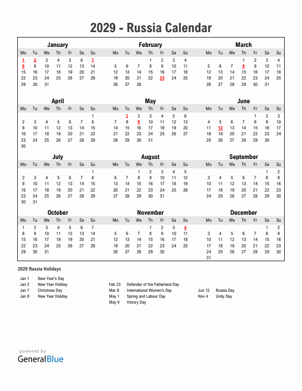 Year 2029 Simple Calendar With Holidays in Russia