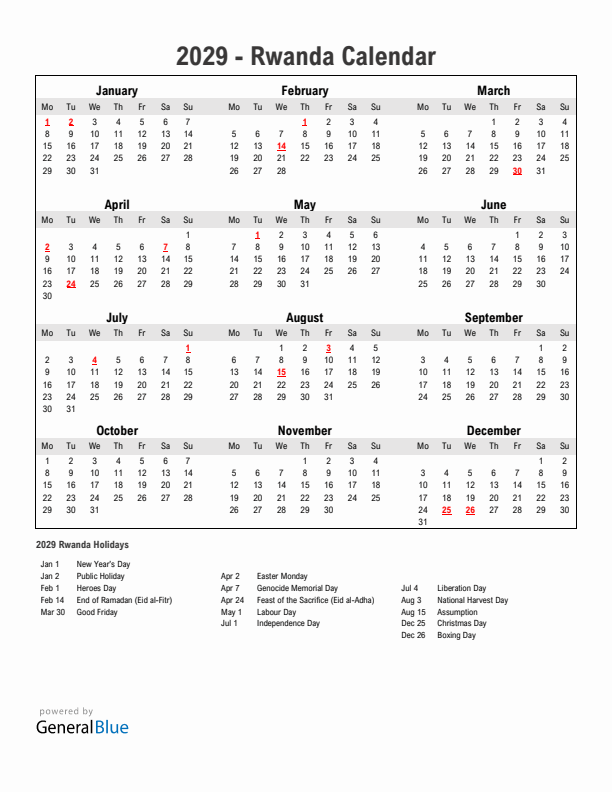 Year 2029 Simple Calendar With Holidays in Rwanda