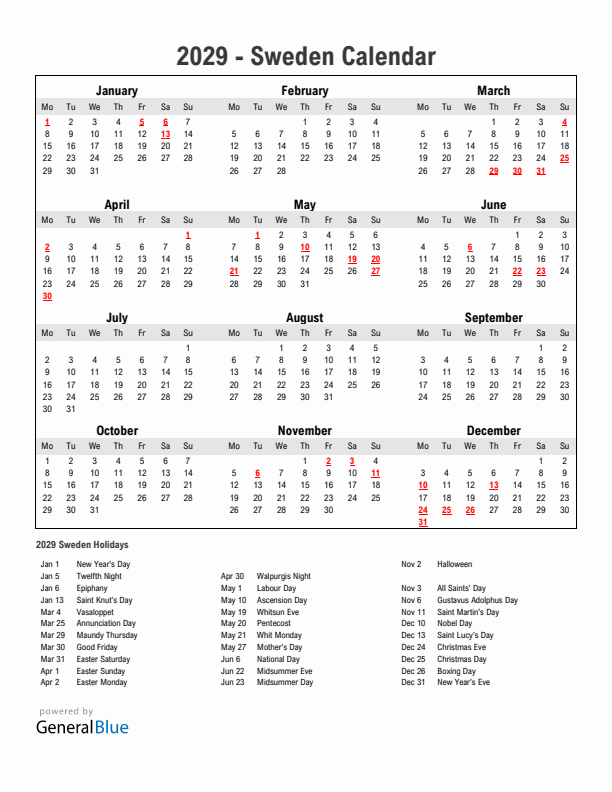 Year 2029 Simple Calendar With Holidays in Sweden