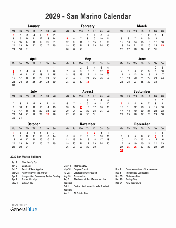 Year 2029 Simple Calendar With Holidays in San Marino