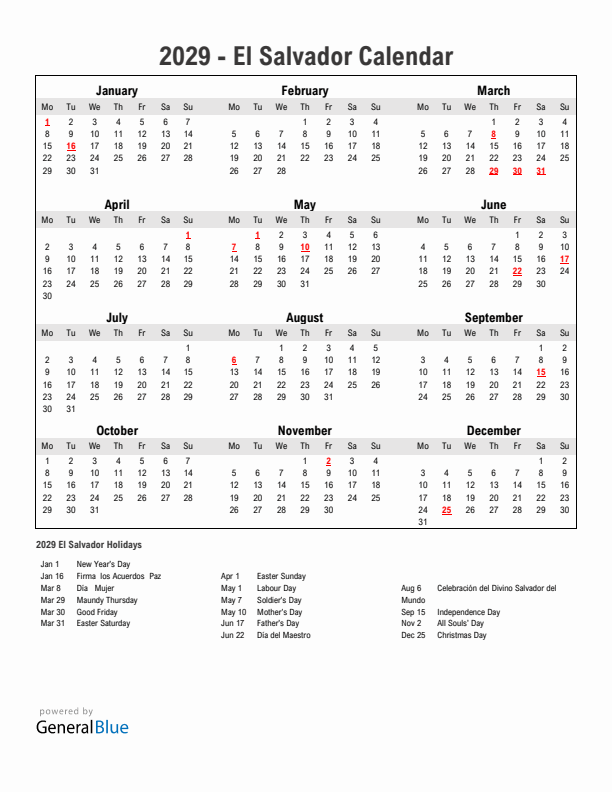 Year 2029 Simple Calendar With Holidays in El Salvador