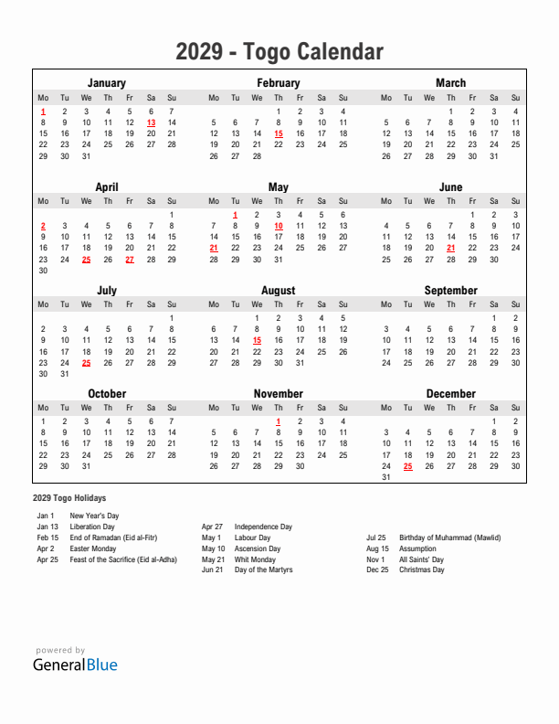 Year 2029 Simple Calendar With Holidays in Togo