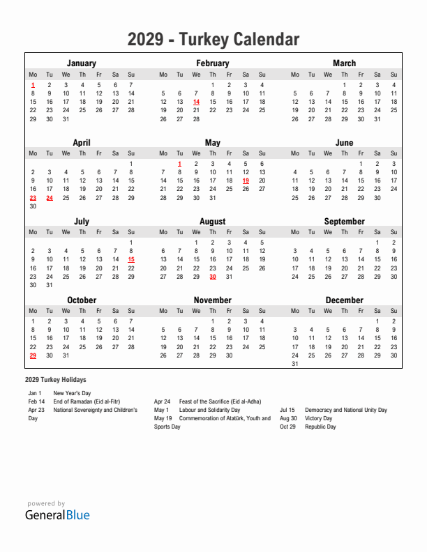 Year 2029 Simple Calendar With Holidays in Turkey