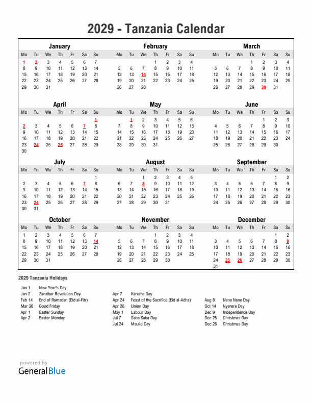 Year 2029 Simple Calendar With Holidays in Tanzania