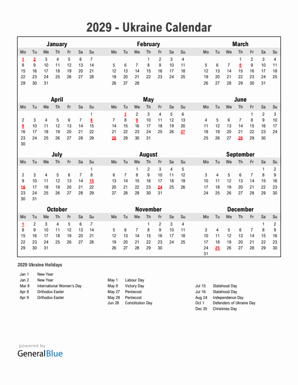 Year 2029 Simple Calendar With Holidays in Ukraine