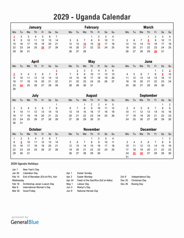 Year 2029 Simple Calendar With Holidays in Uganda