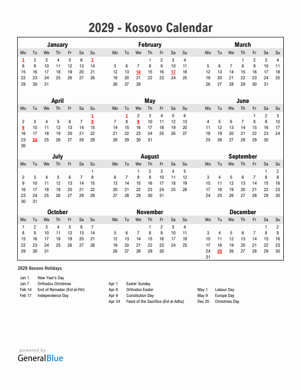 Year 2029 Simple Calendar With Holidays in Kosovo