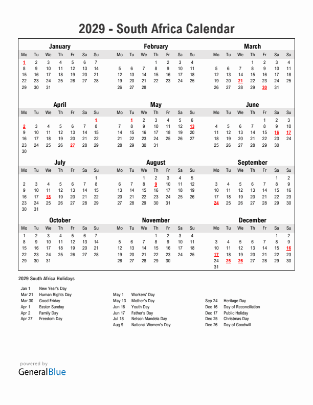 Year 2029 Simple Calendar With Holidays in South Africa