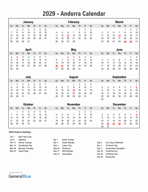 Year 2029 Simple Calendar With Holidays in Andorra