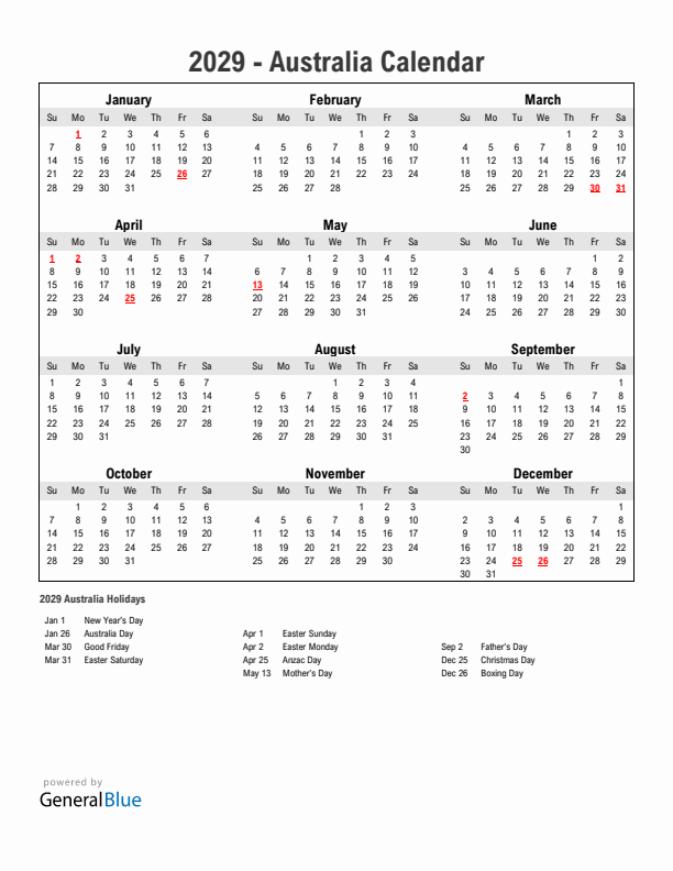 Year 2029 Simple Calendar With Holidays in Australia