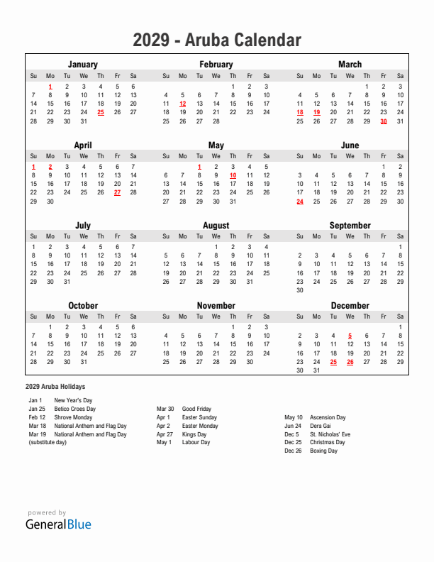 Year 2029 Simple Calendar With Holidays in Aruba