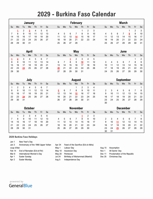 Year 2029 Simple Calendar With Holidays in Burkina Faso