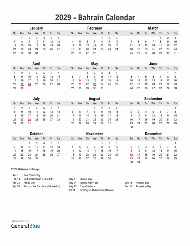 Year 2029 Simple Calendar With Holidays in Bahrain