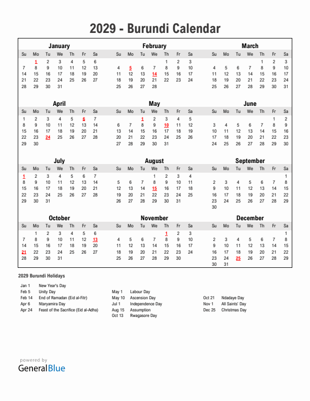 Year 2029 Simple Calendar With Holidays in Burundi