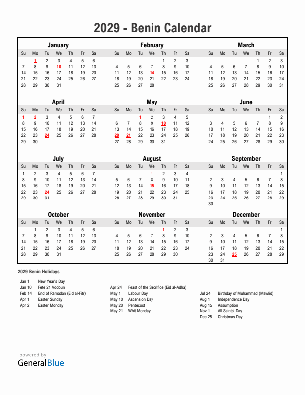 Year 2029 Simple Calendar With Holidays in Benin