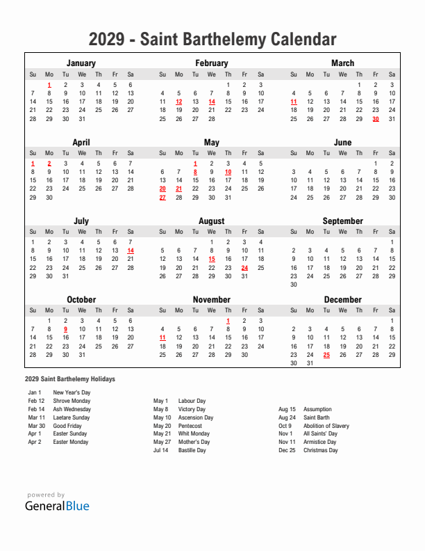 Year 2029 Simple Calendar With Holidays in Saint Barthelemy