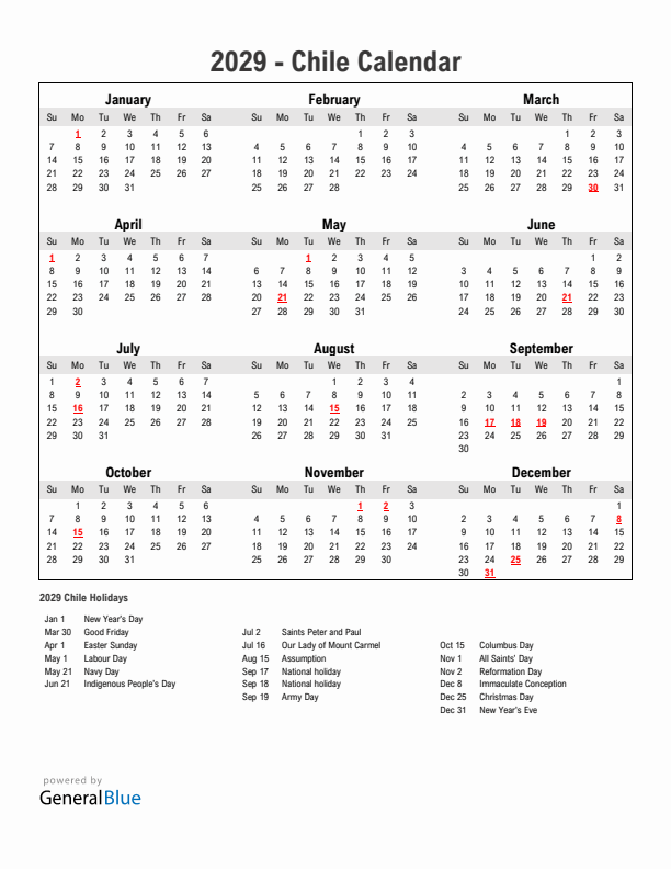 Year 2029 Simple Calendar With Holidays in Chile