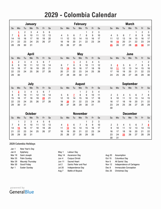 Year 2029 Simple Calendar With Holidays in Colombia