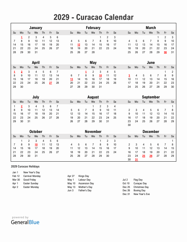 Year 2029 Simple Calendar With Holidays in Curacao