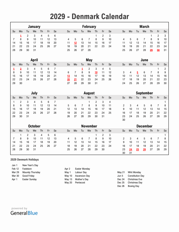 Year 2029 Simple Calendar With Holidays in Denmark