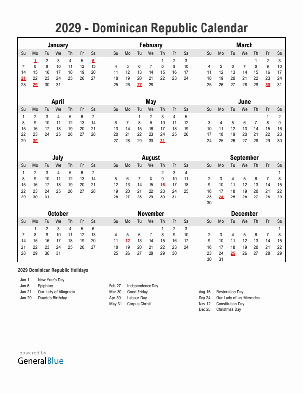 Year 2029 Simple Calendar With Holidays in Dominican Republic