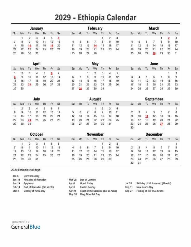 Year 2029 Simple Calendar With Holidays in Ethiopia