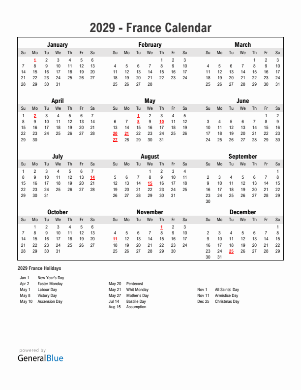 Year 2029 Simple Calendar With Holidays in France